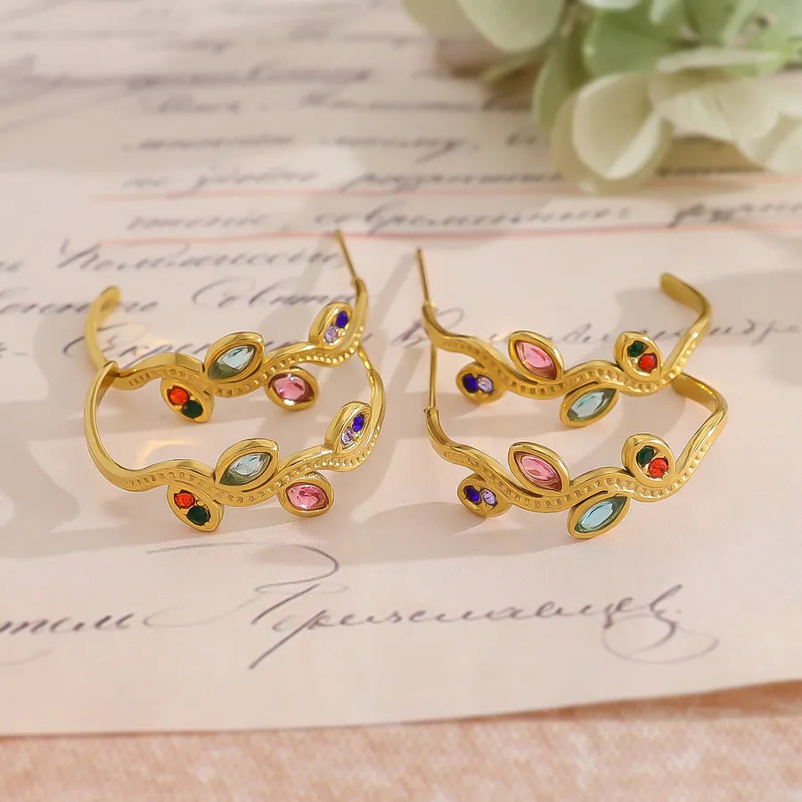 1 Pair Vacation Commute Leaves Polishing Inlay 304 Stainless Steel Zircon 18K Gold Plated Ear Studs