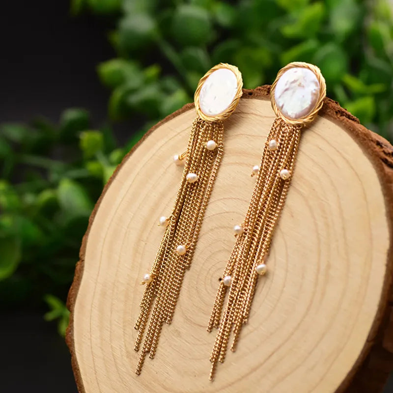 1 pair original design tassel plating inlay freshwater pearl pearl 18k gold plated drop earrings