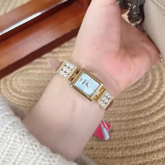 Luxurious Pearl Women's Watch Genuine Leather Strap Quartz Movement Square Face Fashionable Minimalist Design New Model