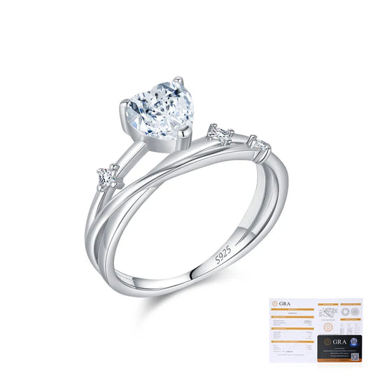 0.8 Karat Moissanite 925 Sterling Silver Rings GRA Certificate Heart-Shaped Cutting Geometric Heart Shape Lines Rhodium Plated Rings