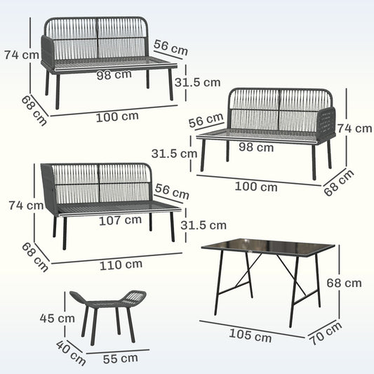 Outsunny 6 Piece Rattan Garden Furniture Set, 8 Seater Garden Corner Sofa with Cushions and Glass Top Table, Orange