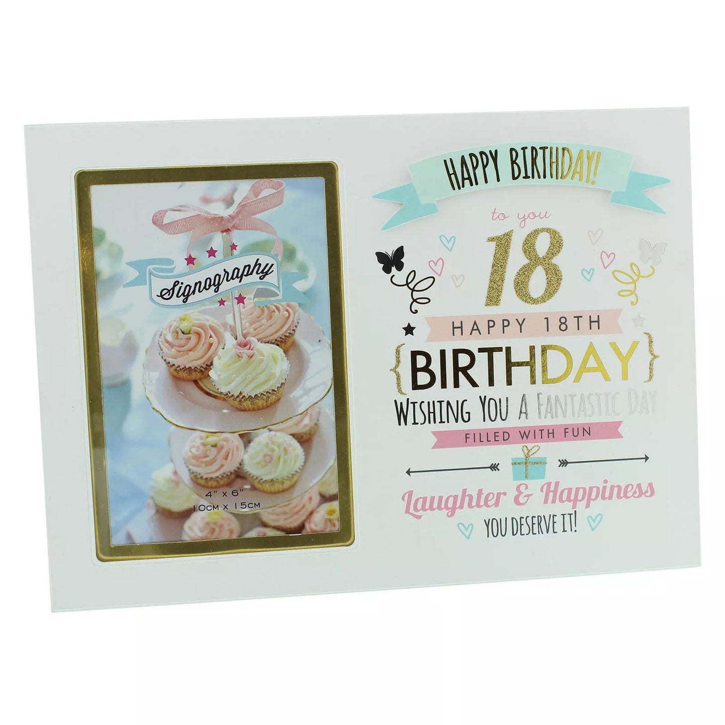 18th Birthday Photo Frame by Signography 4 x 6 photo size with an open gift box