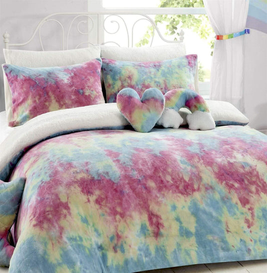 Tie Dye Rainbow Ultra-Soft Teddy Fleece Duvet Set for Kids Reversible Bedding with Cushion and Throw Single and Double Beds by OLIVIA ROCCO