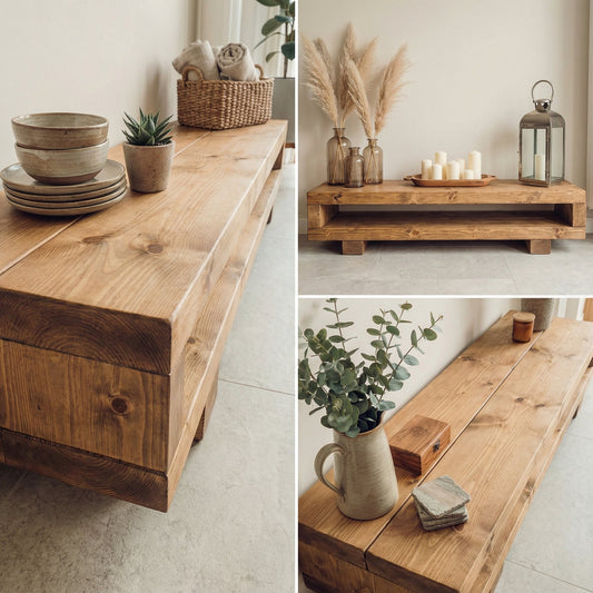 VIOT Low Solid Wood Chunky TV Unit Dark Oak Colour