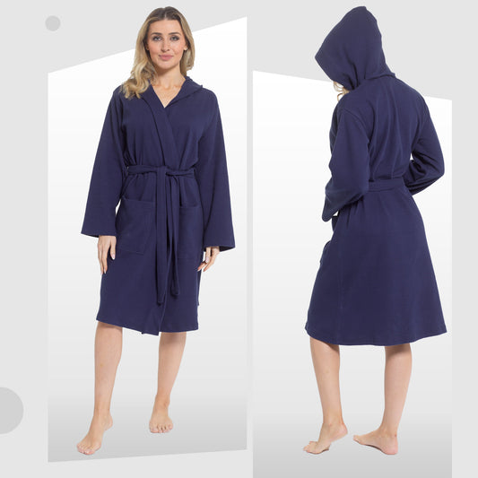 OLIVIA ROCCO Women's Hooded Waffle Cotton Bathrobe Navy 100 Percent Cotton Super Absorbent Spa Dressing Gown for Home Lounge Travel