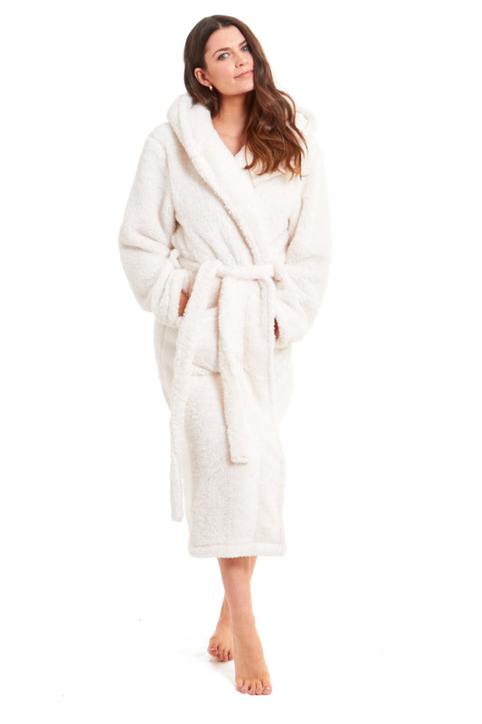 OLIVIA ROCCO Cream Snuggle Fleece Hooded Robe For Women Velvet Touch Plush Dressing Gown Extra Long Cozy Warmth UK Sizes 8-22