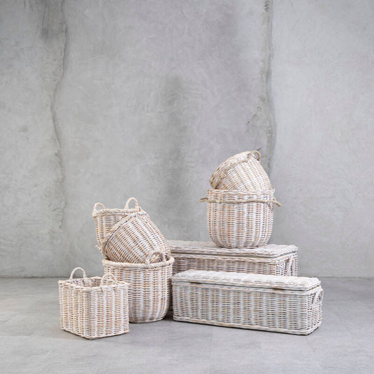 Whitewash Rattan Storage Baskets- Set of 2 | Argento