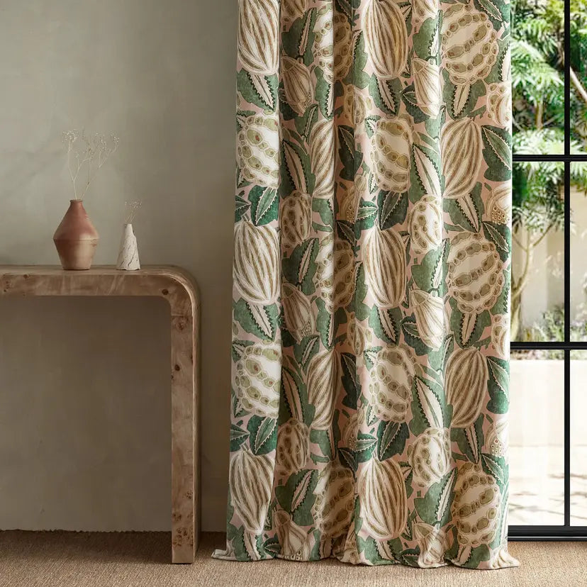 Harlequin Zenith fabric in Blush/Forest colourway styled as floor-length curtains in a contemporary living space