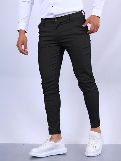 Men's Slim Button Trousers Fashion Solid Office Versatile Long Pencil Pants