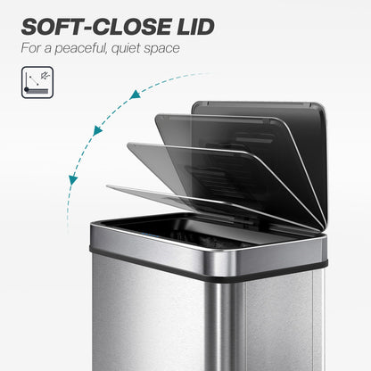 HOMCOM 50 L Sensor Can,  Sensor Bin with Soft-Close Lid, Fingerprint-Proof Stainless Steel, Silver Tone