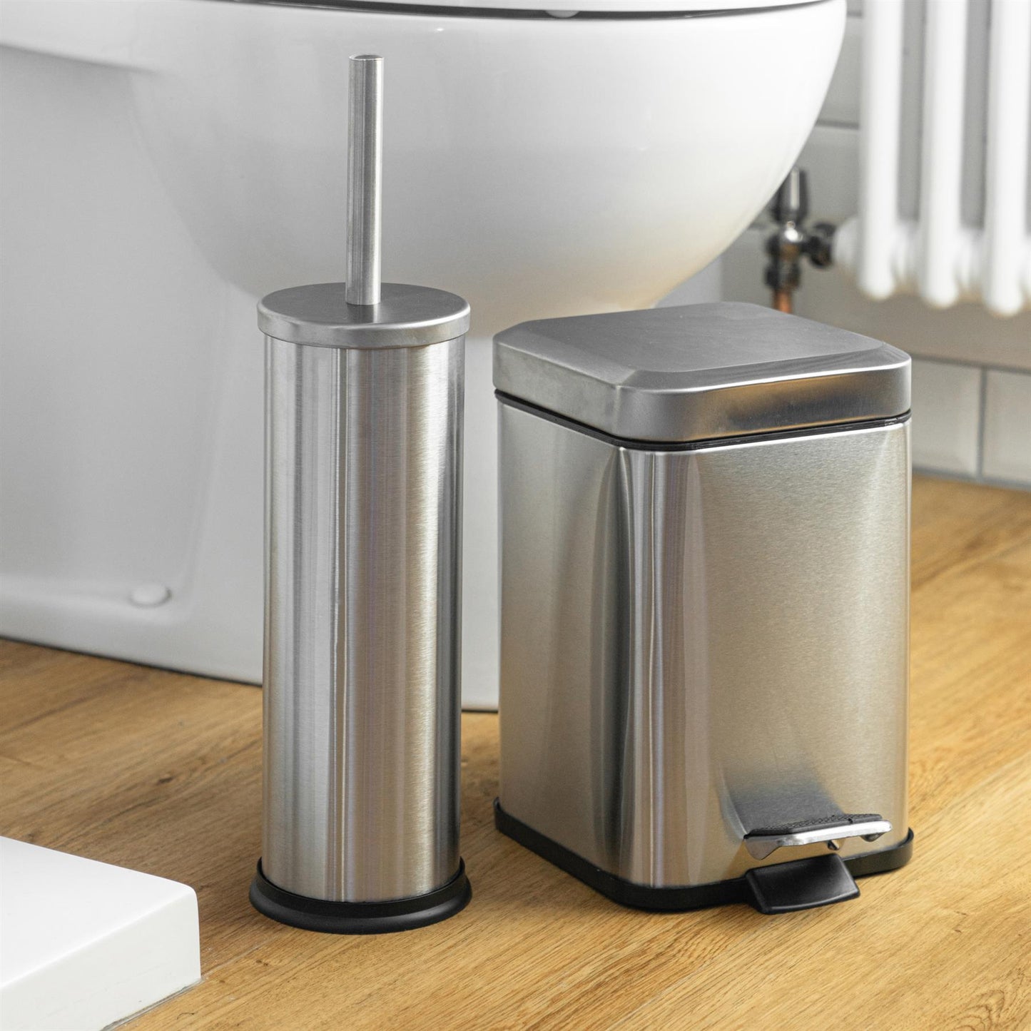 Brushed Steel Round Toilet Brush & Square Bin Set
