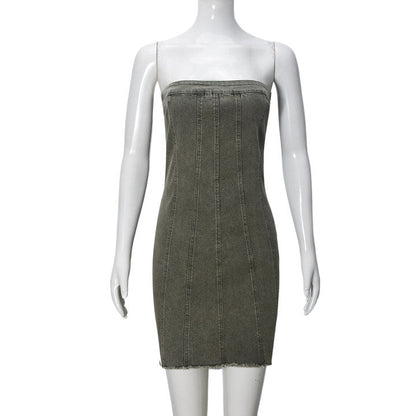 Fashion Backless Tube Denim Dress Summer Sexy Y2K Slim Short Dresses For Women Clothing