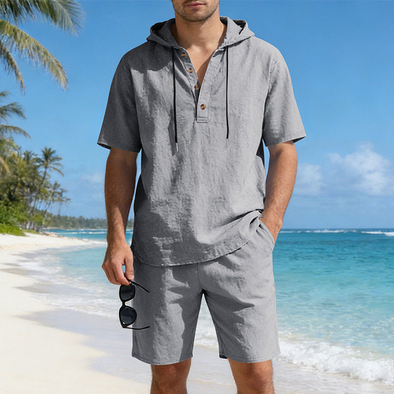 Mens Loose, Breathable Linen Hooded Casual Set
