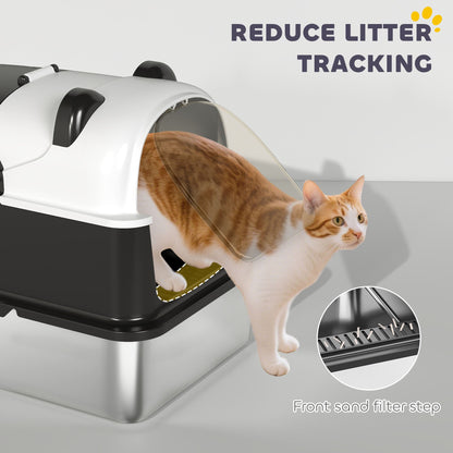 PawHut Panda Style XL Stainless Steel Cat Litter Box with Lid, Enclosed Kitty Litter Box with Scoop, 60 x 40 x 45 cm