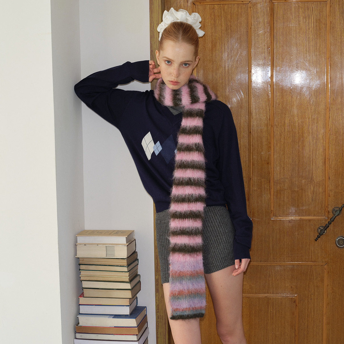Contrast-color Striped Knit Women's Narrow Soft And Fluffy Wool Scarf