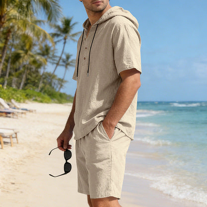 Mens Loose, Breathable Linen Hooded Casual Set