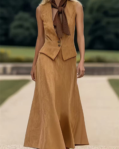 Women's Sleeveless Suit Collar Button-down Casual Skirt Suit