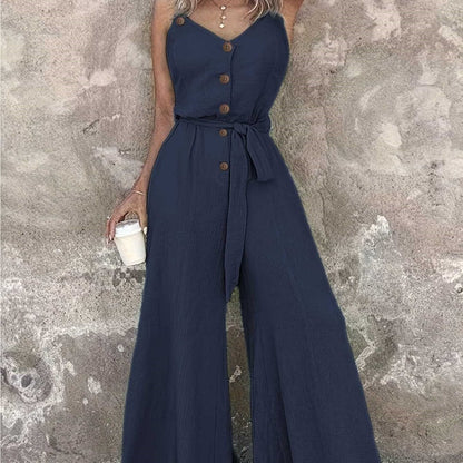 Women's Solid Color Buttons Drawstring Wide Leg Loose Jumpsuit