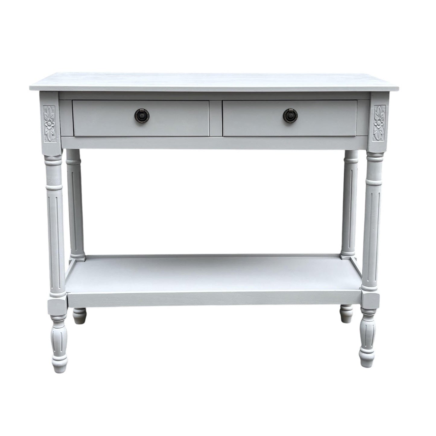 Modern and Stylish 2 Drawer Rectangular Console Table - Medium Wood Tone Finish for Sleek Hallway Side Table with Knob Handle Drawers for Home, Office, Bedrooms, or Living Spaces (Moonstruck Grey)
