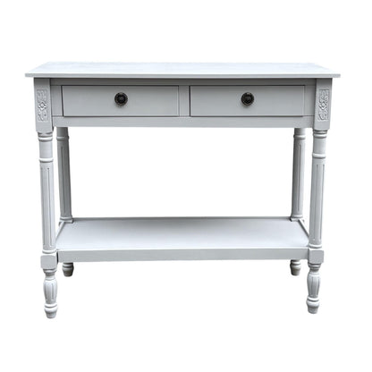 Modern and Stylish 2 Drawer Rectangular Console Table - Medium Wood Tone Finish for Sleek Hallway Side Table with Knob Handle Drawers for Home, Office, Bedrooms, or Living Spaces (Moonstruck Grey)