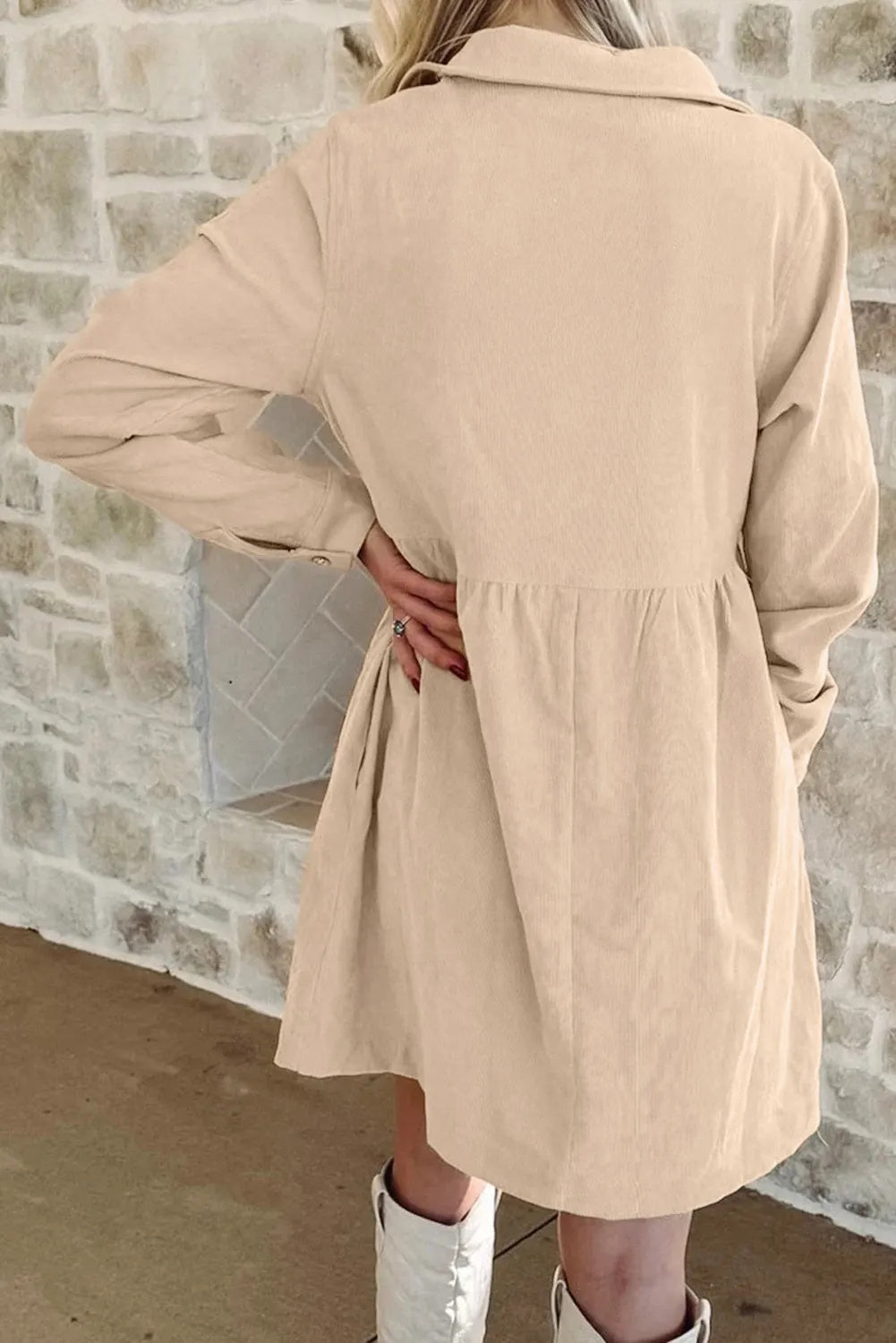 Oatmeal Corduroy Half Button Collared Long Sleeve Mini Dress