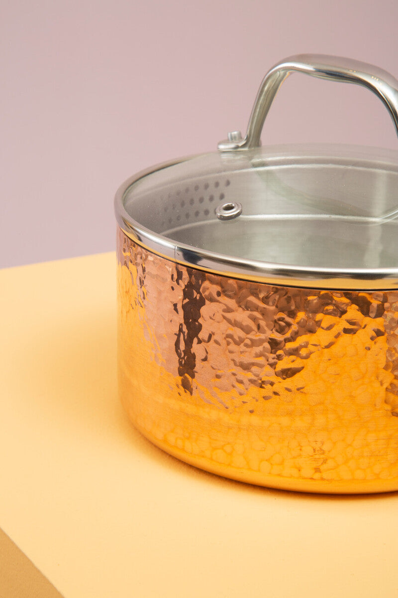 Minerva Small 16 cm Hammered Copper Finish Saucepan with Lid
