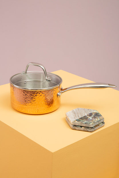 Minerva Small 16 cm Hammered Copper Finish Saucepan with Lid
