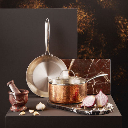 Minerva Copper Finish Large 20 cm Hammered Saucepan with Lid