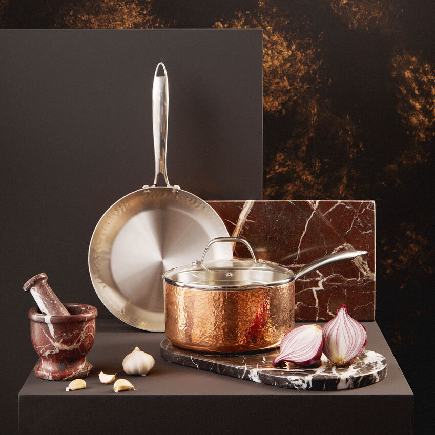 Minerva Copper Finish Large 20 cm Hammered Saucepan with Lid