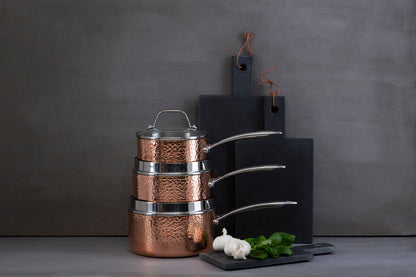 Minerva Copper Finish Large 20 cm Hammered Saucepan with Lid