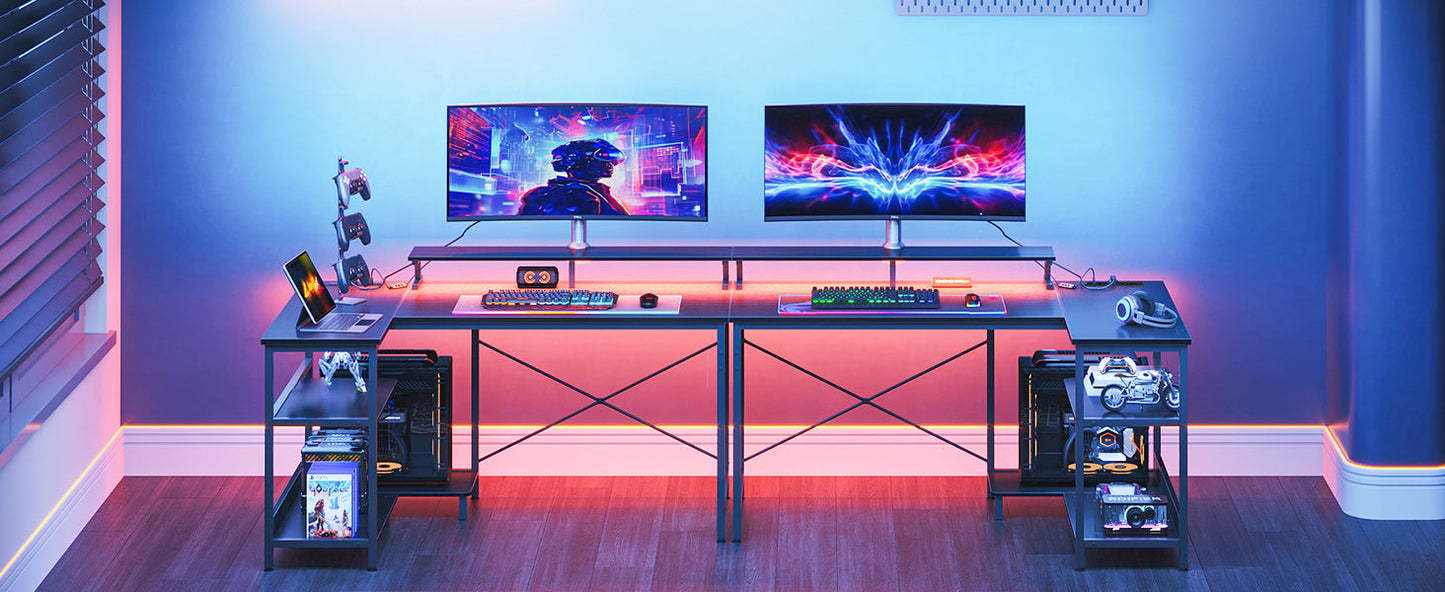 Coleshome L Shaped Gaming Desk with LED Lights, 120 × 80 cm Computer Desk with Power Outlet,  Black