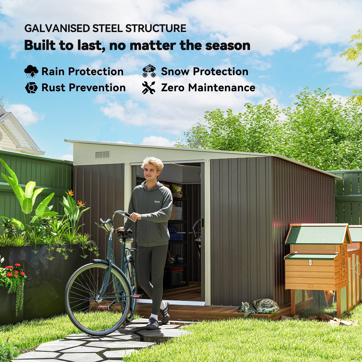 11.3 x 9.2ft Steel Garden Shed Metal Tool House Double Doors & 2 Air Vents, Grey