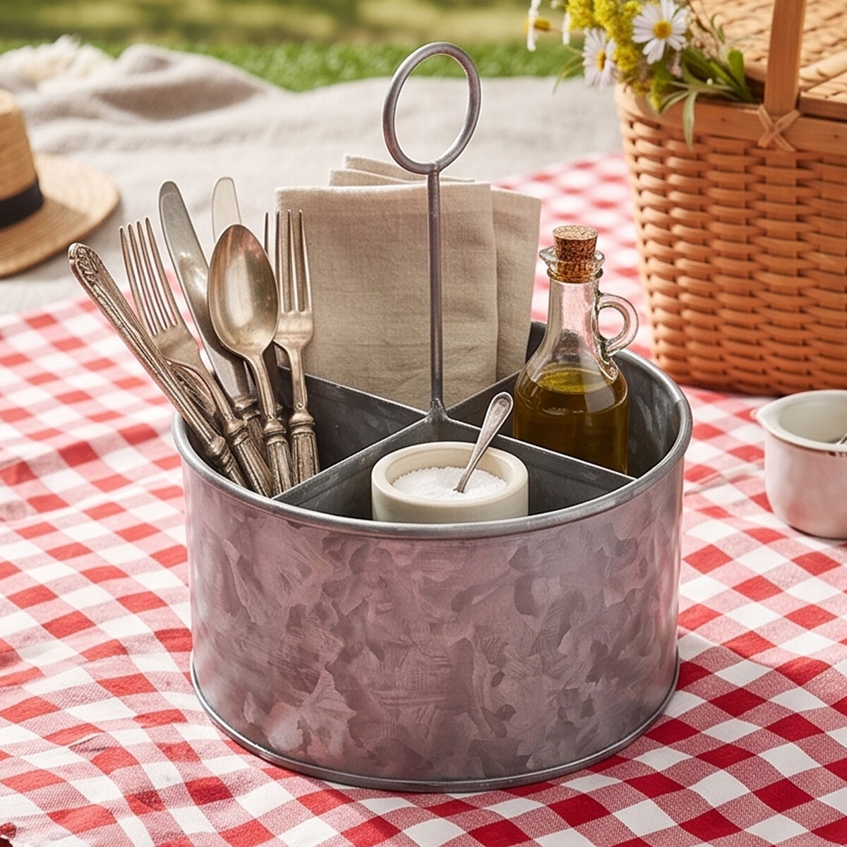 Drummond Galvanised Steel 4 Compartment Round Cutlery Caddy