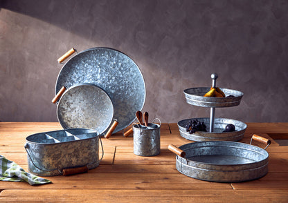 Drummond Round Galvanised Steel Tray With Wood Handles