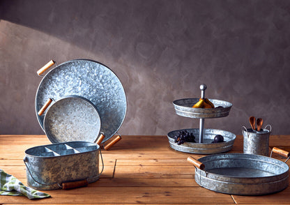 Drummond Round Galvanised Steel Tray With Wood Handles