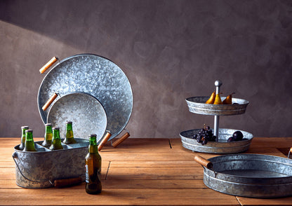Drummond Galvanised Steel Round Tray With Wood Handles