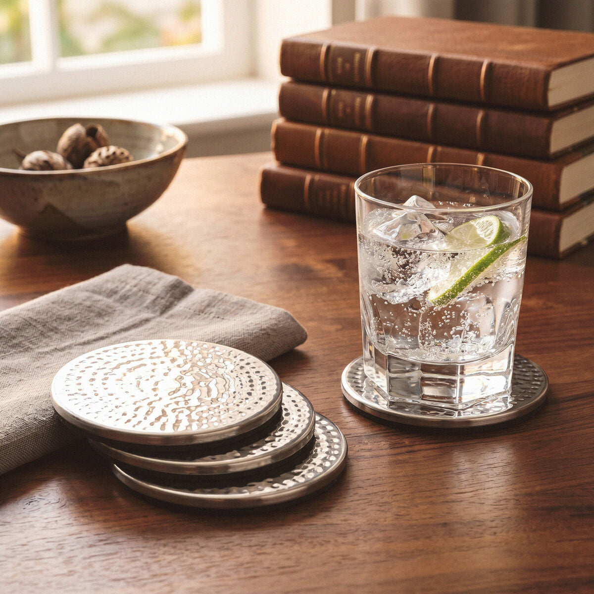 Mixology Set Of Four Hammered Effect Stainless Steel Coasters