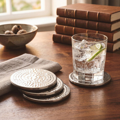 Mixology Set Of Four Hammered Effect Stainless Steel Coasters
