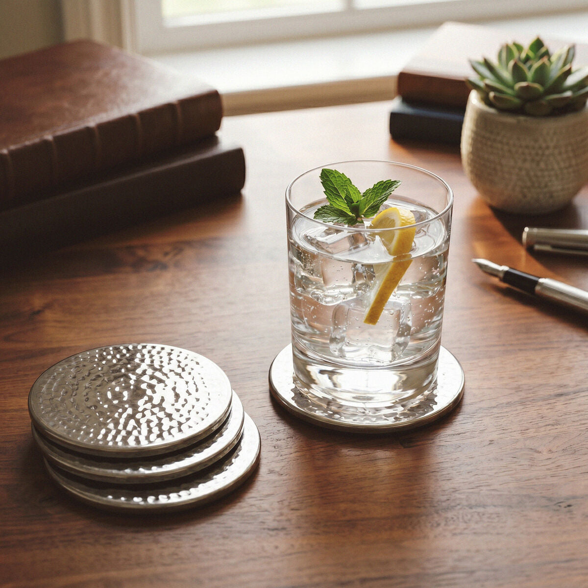 Mixology Set Of Four Hammered Effect Stainless Steel Coasters