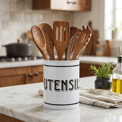 Grocer White Metal Utensil Holder