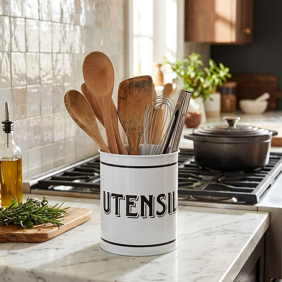 Grocer White Metal Utensil Holder
