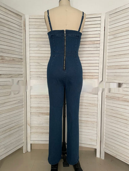 Women Sleeveless Denim Jumpsuit V Neck Wide Leg Flared Jumpsuit High Waist Back Zipper Slim Fit Denim Jumpsuit Jeans Overalls