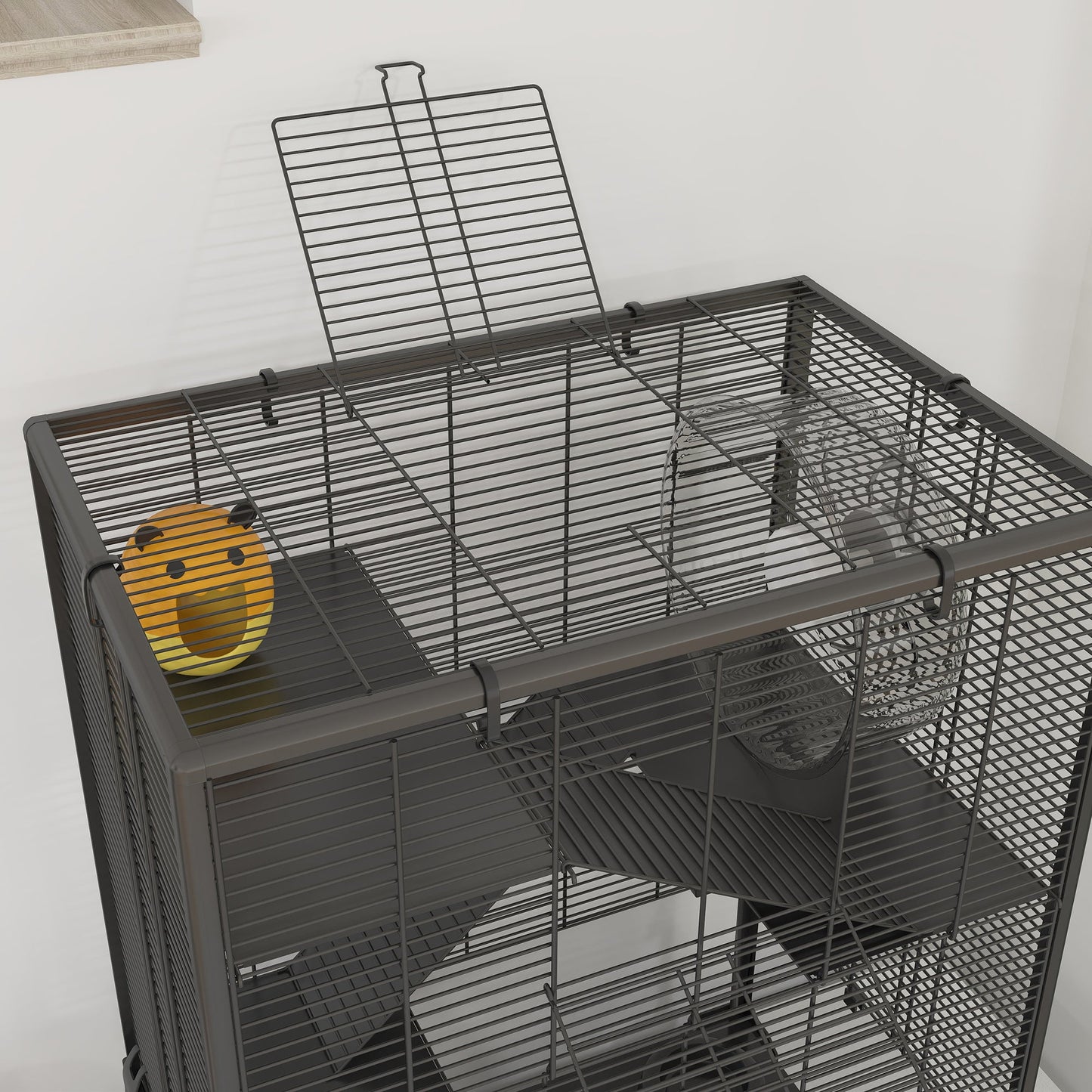 PawHut 4 Tiers Hamster Cage with Deep Tempered Glass Bottom, Hut, Running Wheel, Food Dish, Water Bottle, 60 x 40 x 80cm