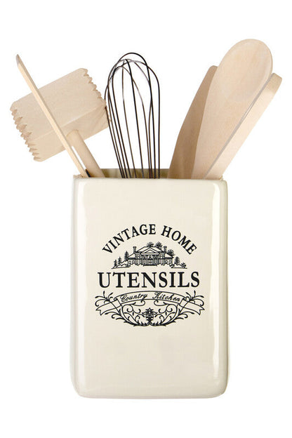 Vintage Home Square Cream Utensil Holder With 6 Utensils
