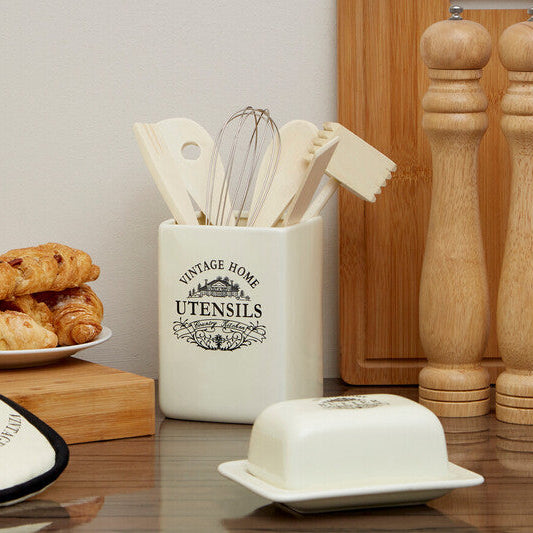 Vintage Home Square Cream Utensil Holder With 6 Utensils