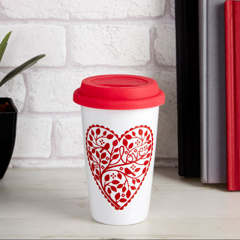 Taza Heart Design Ceramic Travel Mug with Silicone Lid