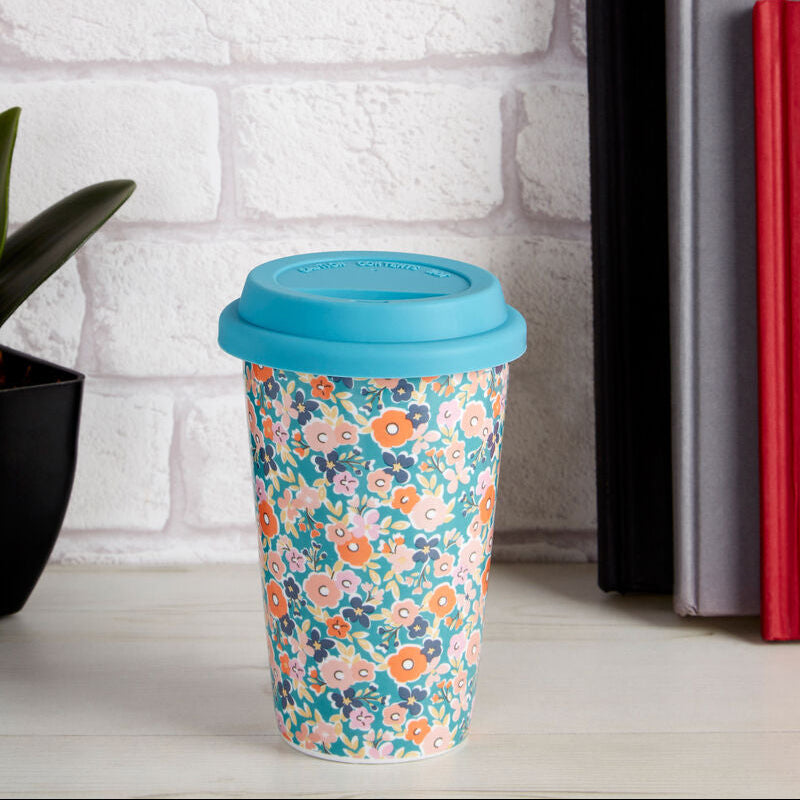 Taza Floral Design Ceramic Travel Mug with Silicone Lid