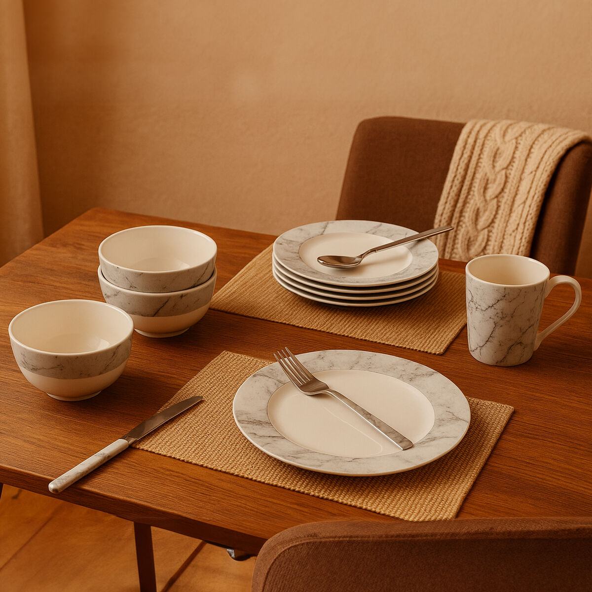 Avie 16Pc White And Grey Marble Effect Dinner Set