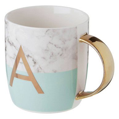 Frosted Deco Marble Effect and Pastel Green Monogram Mug, A