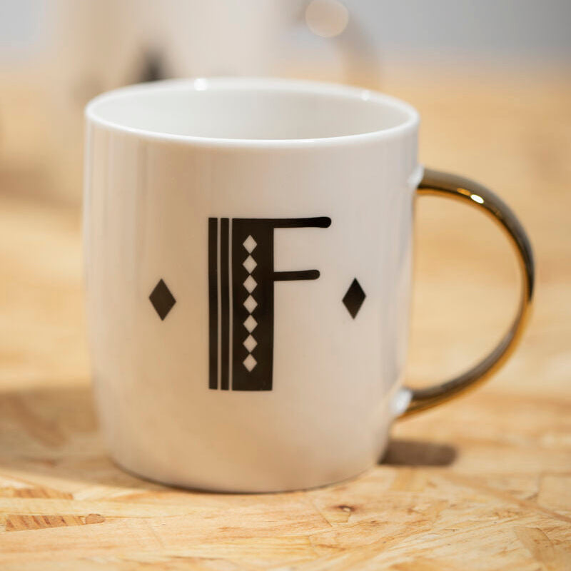 Diamond Deco White Monogram Mug, F
